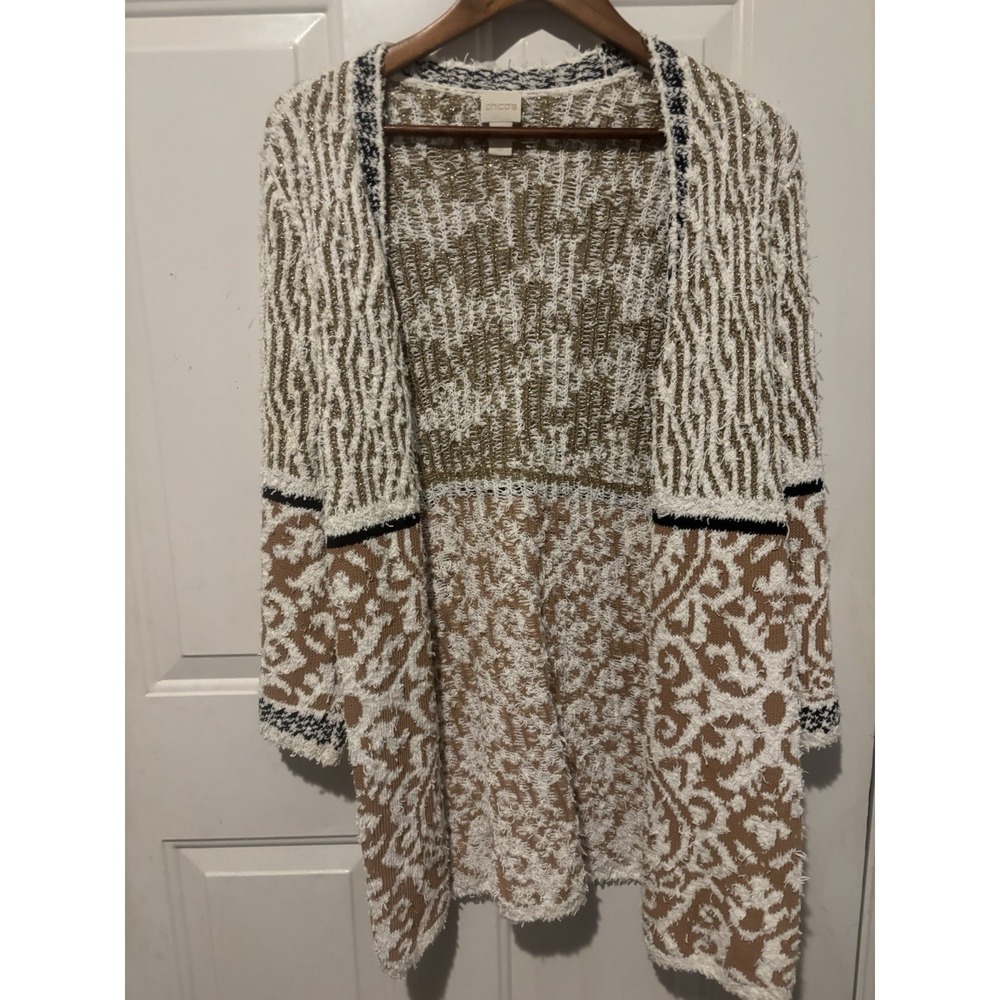 Chico's Cardigan Tapestry Pattern Mix Aubrey‎ Open Draped Sweater Fuzzy Knit Lg